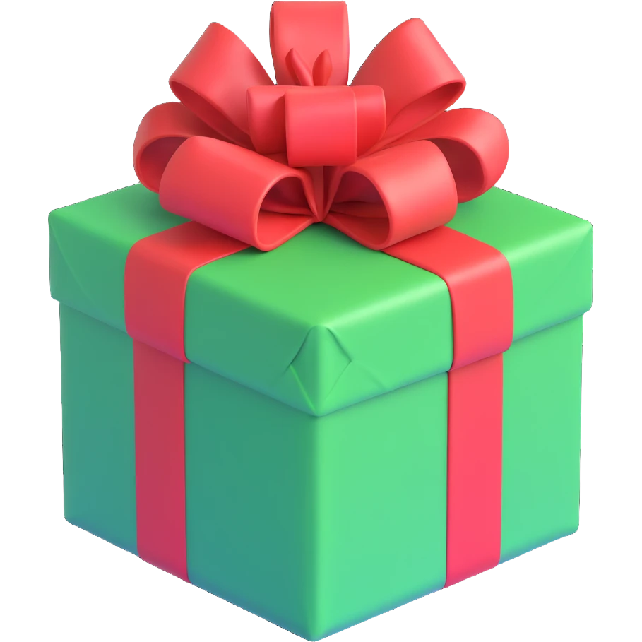 A wrapped present with a big bow, holiday colors emoji
