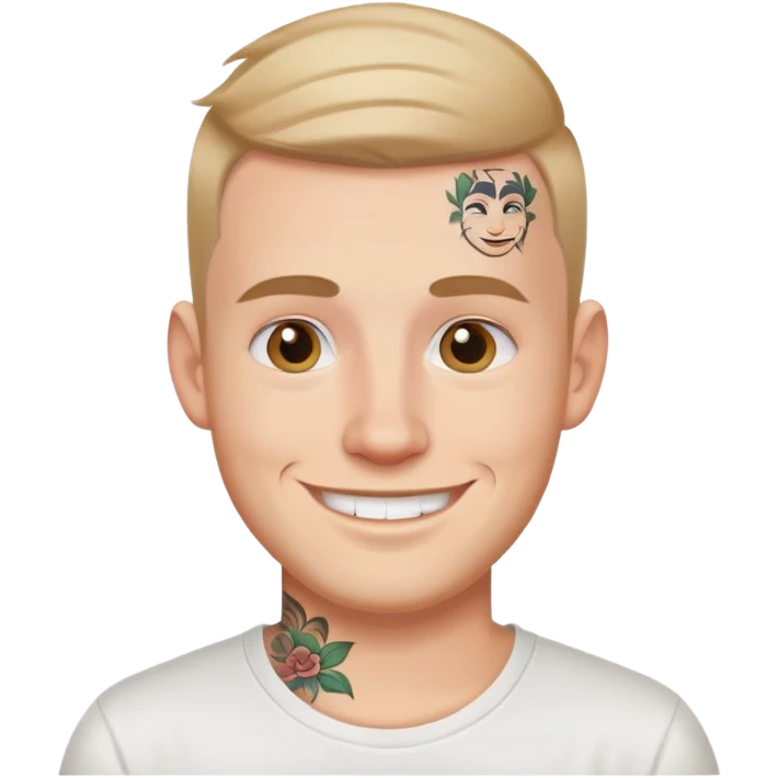 white man with small face tattoo, smiling, wearing a white t-shirt emoji