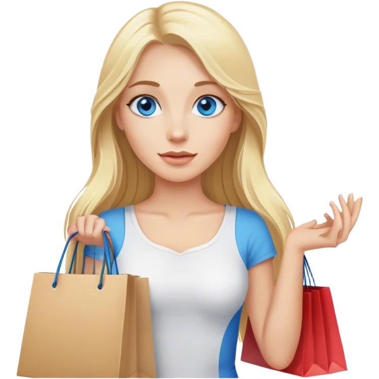 Cinematic realistic blonde with long hair, blue eyes goes shopping in her hands emoji