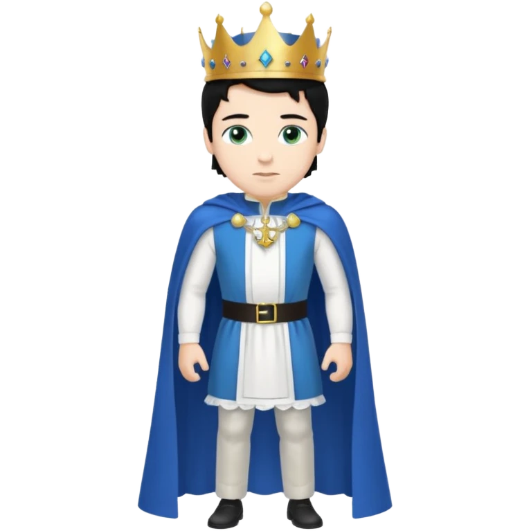 Prince with crown, blue cape and trousers, body and legs, black hair, blue eyes and maid, blonde hair, green eyes, sexy white short sleveless dress,  emoji