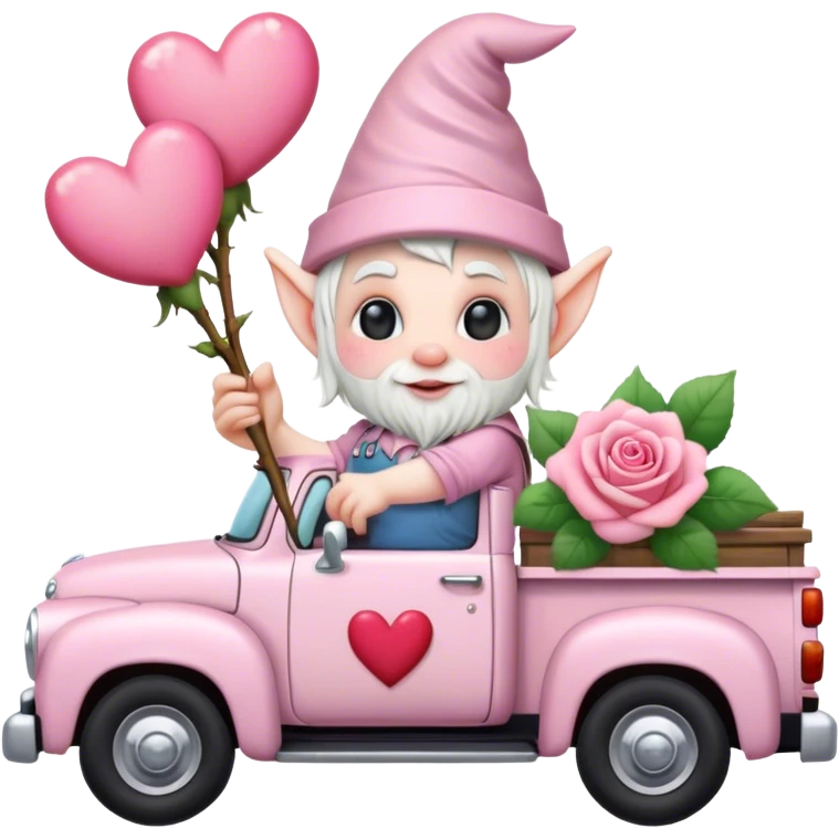 An adorable little pale pink Valentine’s Day style gnome with a rose and hearts in the background riding in the back of a beat up old pick up truck emoji