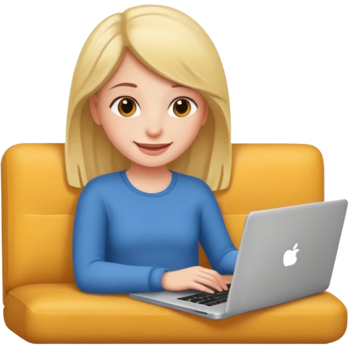 A girl is working with a laptop while lying on the sofa emoji