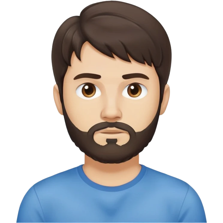 Argentine male with longer wavy dark brown hair reaching shoulders, wavy bangs, short complete beard, serious neutral face, wearing plain blue t-shirt emoji