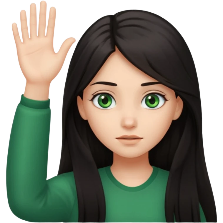 Animated girl dark long hair green eyes emoji holding right side of the head with her hand with duh facial expression , hand on her head emoji