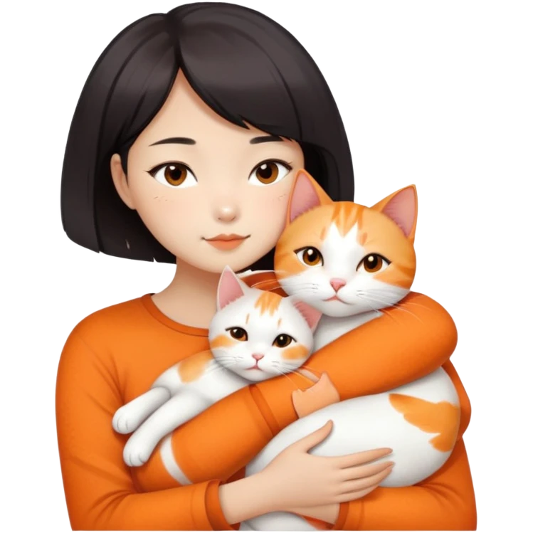 Oriental Asian girl with short bob haircut snuggling with an orange and white cat, cat is mostly white with orange patches, the girl is holding the cat lovingly emoji