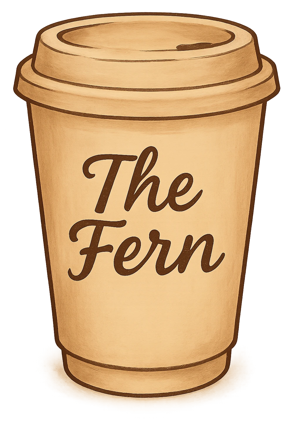 Make the white coffee cup a to-go cup with a lid, keep 'The Fern' in a handwritten script, cozy and inviting vibe. emoji