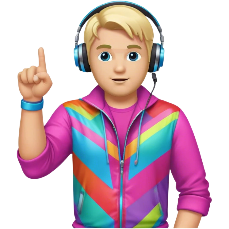 blond big man in colorful dj outfit pointing to one side emoji