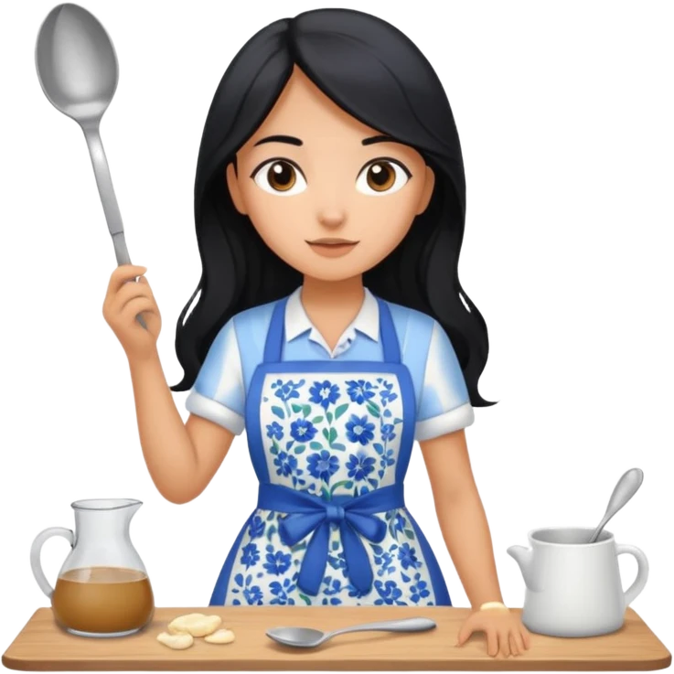 Girl with tan skin long black hair, in a blue and white floral apron, with a mixing spoon in hand  emoji