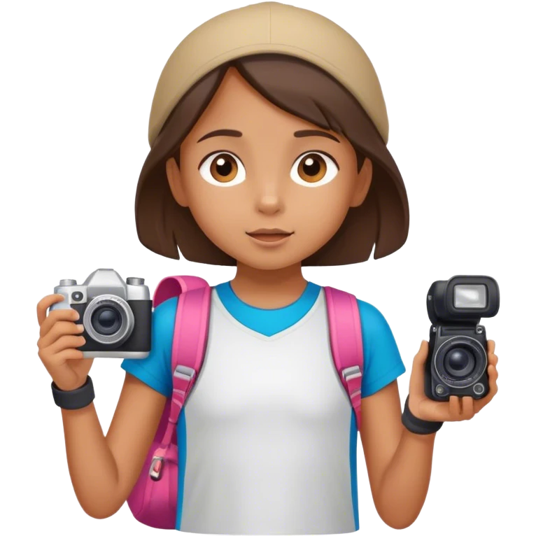 little tourist girl with camera and sportswear looking up emoji