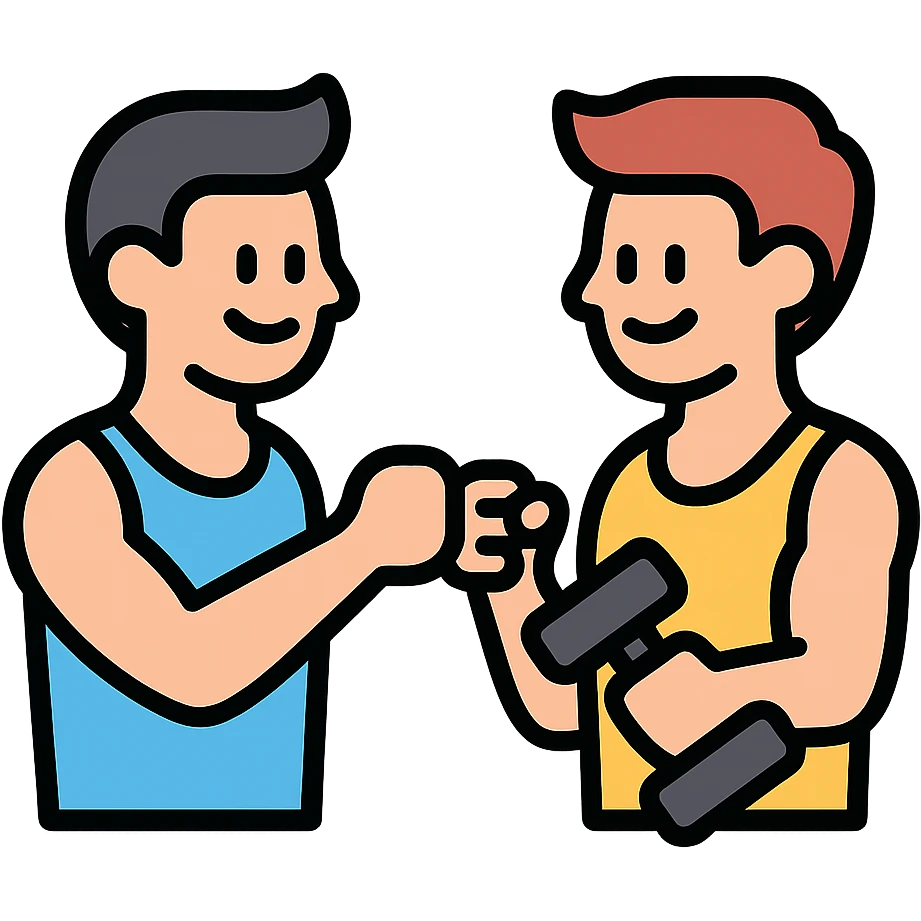two gym buddies meeting and smiling, clean lines, fitness theme, icon style emoji