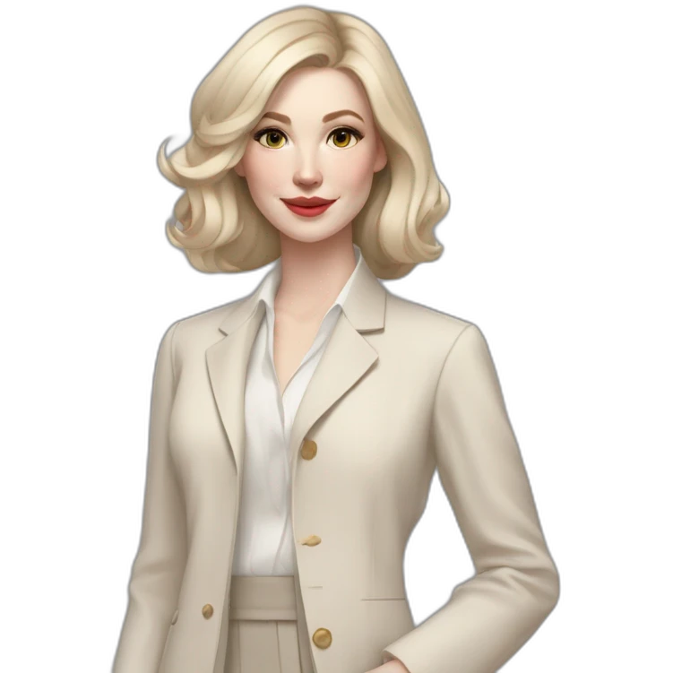 pale skin woman with ash blonde Straightened bob Hair, White Spacious classical jacket, beige palazzo Arrow pants and gray blouse holding a color palette in the hands emoji