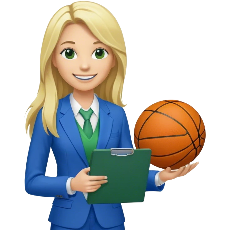 Full Body white plus size female basketball head coach using a clipboard with long blonde hair in a blue and green suit smiling with basketball and clipboard emoji