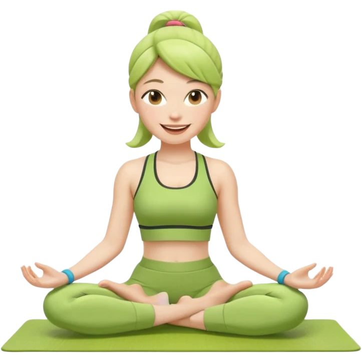 Девушка-мемоджи радостно сидит на коврике для йоги, в спортивной позе, в ярком стильном спортивном комплекте. Лицо сияющее, улыбка очень довольная и счастливая, в руках яркий стакан освежающего матча-лимонада, вокруг атмосфера свежести, отдыха и комфорта. Белый фон. 2 руки и 2 ноги emoji