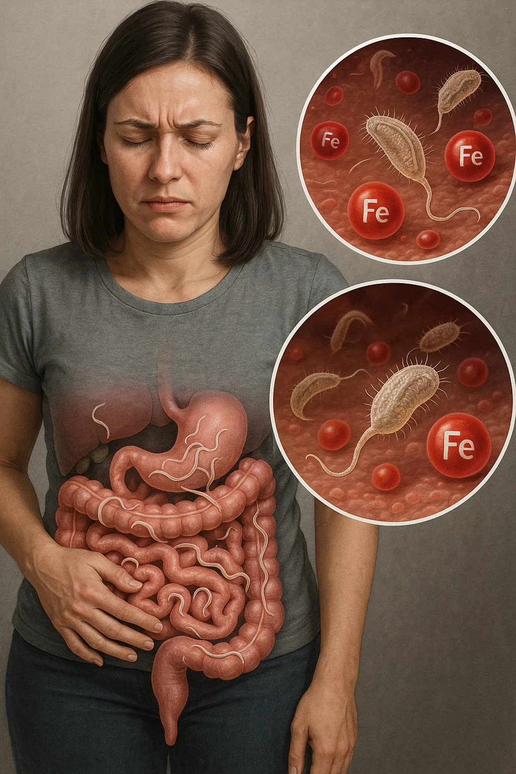 donna con parassiti intestinali che amano la sua carenza di ferro così possono svilupparsi. Immagini realistiche emoji