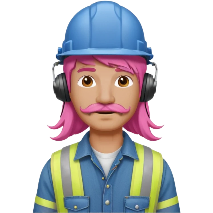 construction worker with long pink hair and protective headphones and mustache emoji