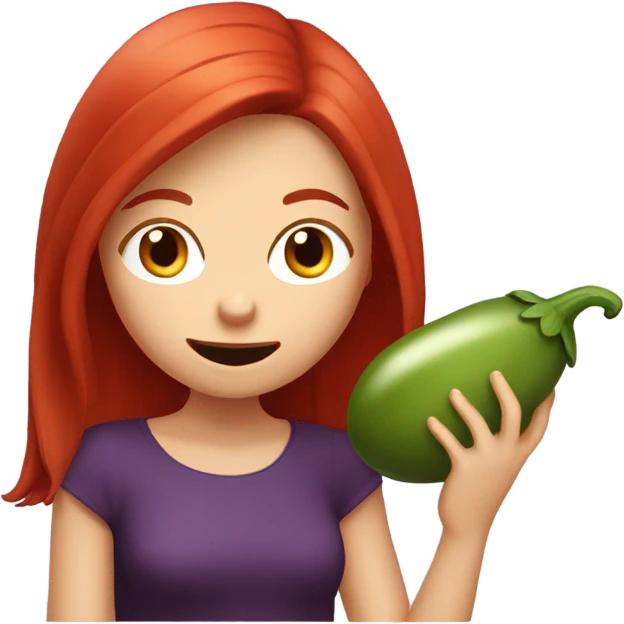 Red haired girl holding eggplant near mouth pretending to taste it emoji