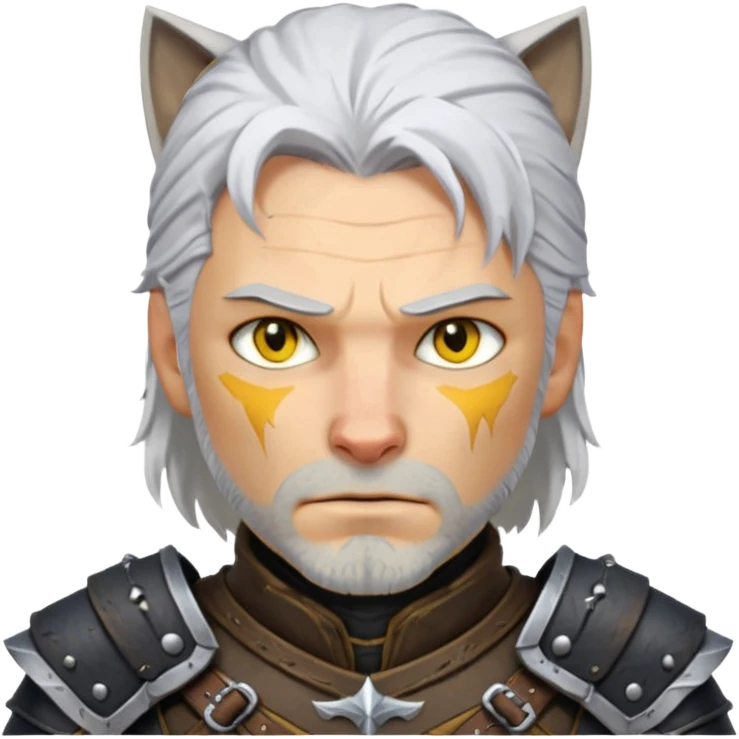 Geralt of Rivia emoji, white hair, yellow cat-like eyes, scar on face, wearing dark dark fantasy armor emoji