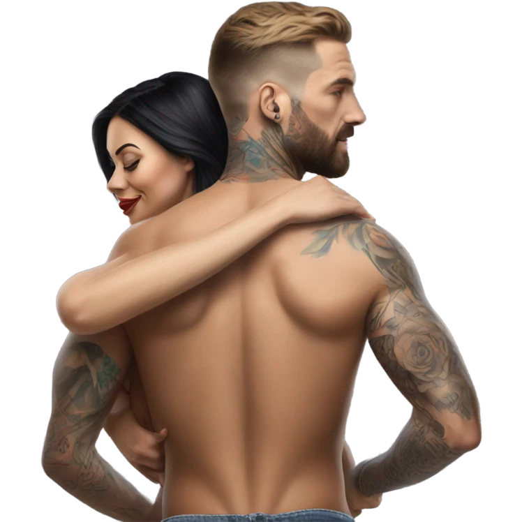 Hyper Realistic beautiful woman climbing a handsome tattooed man's back emoji