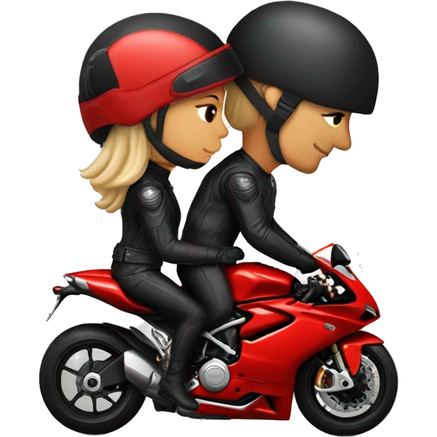 A biker couple wearing black helmet not showing face, in a red ducati 1098 motorcycle  emoji