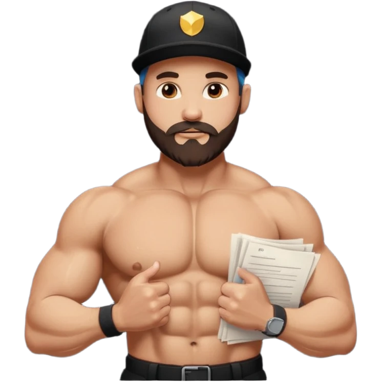 Buff bald bearded guy in black cap flexing, Instagram icon on chest, papers flying around, sparkles, minimal style emoji