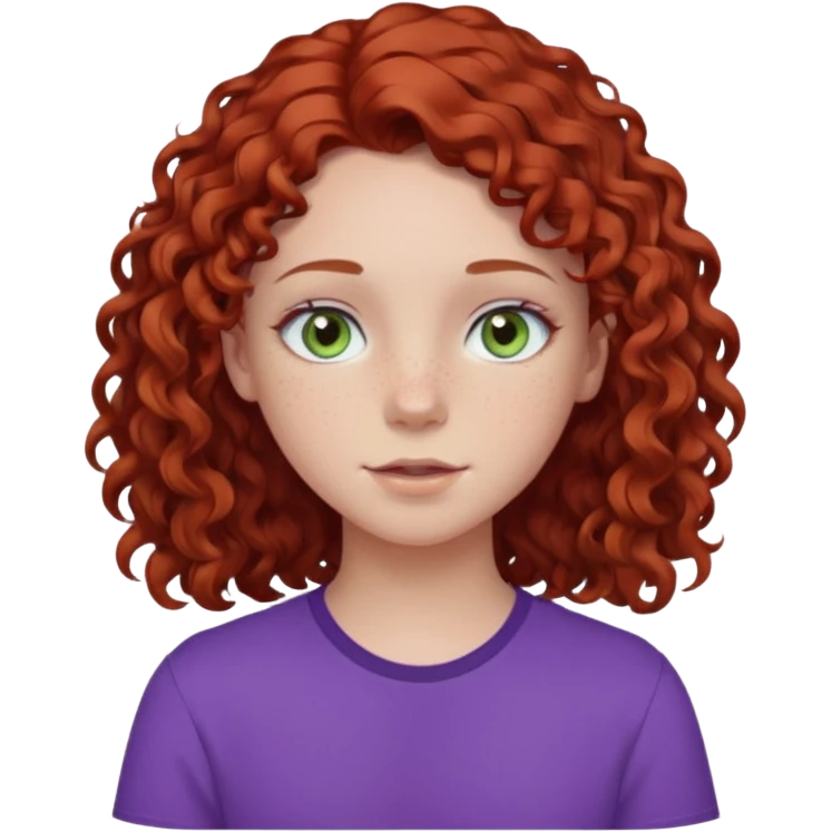 pale white teen girl with light blueish green eyes and freckles with brownish red curly middle part hair and purple shirt emoji