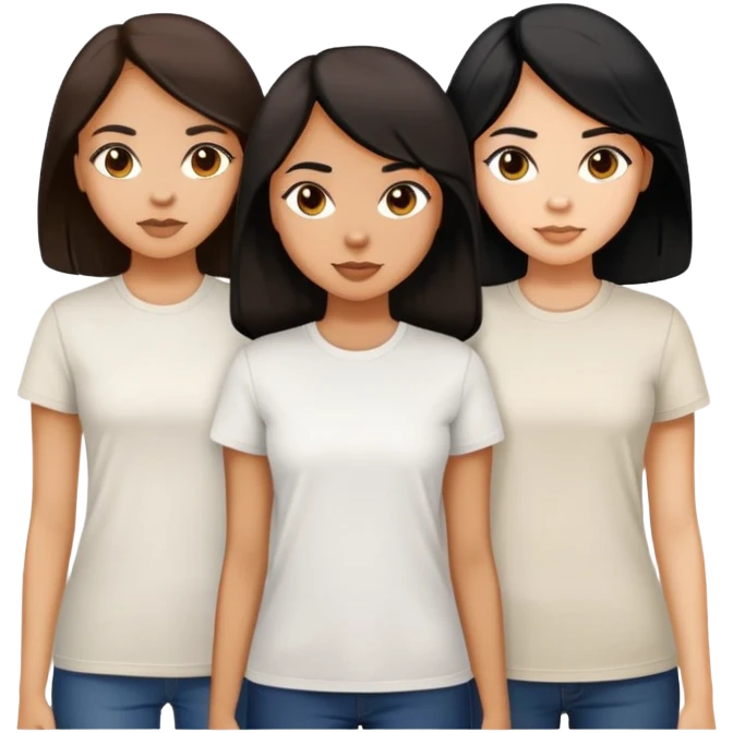 Three women, light skin with long dark brown hair, tan skin long black hair, and tan skin dark brown short hair, white tee emoji