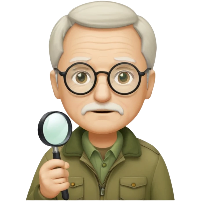 old man in beige moss green explorer outfit, wear black glass, hat, holding magnifying glass emoji