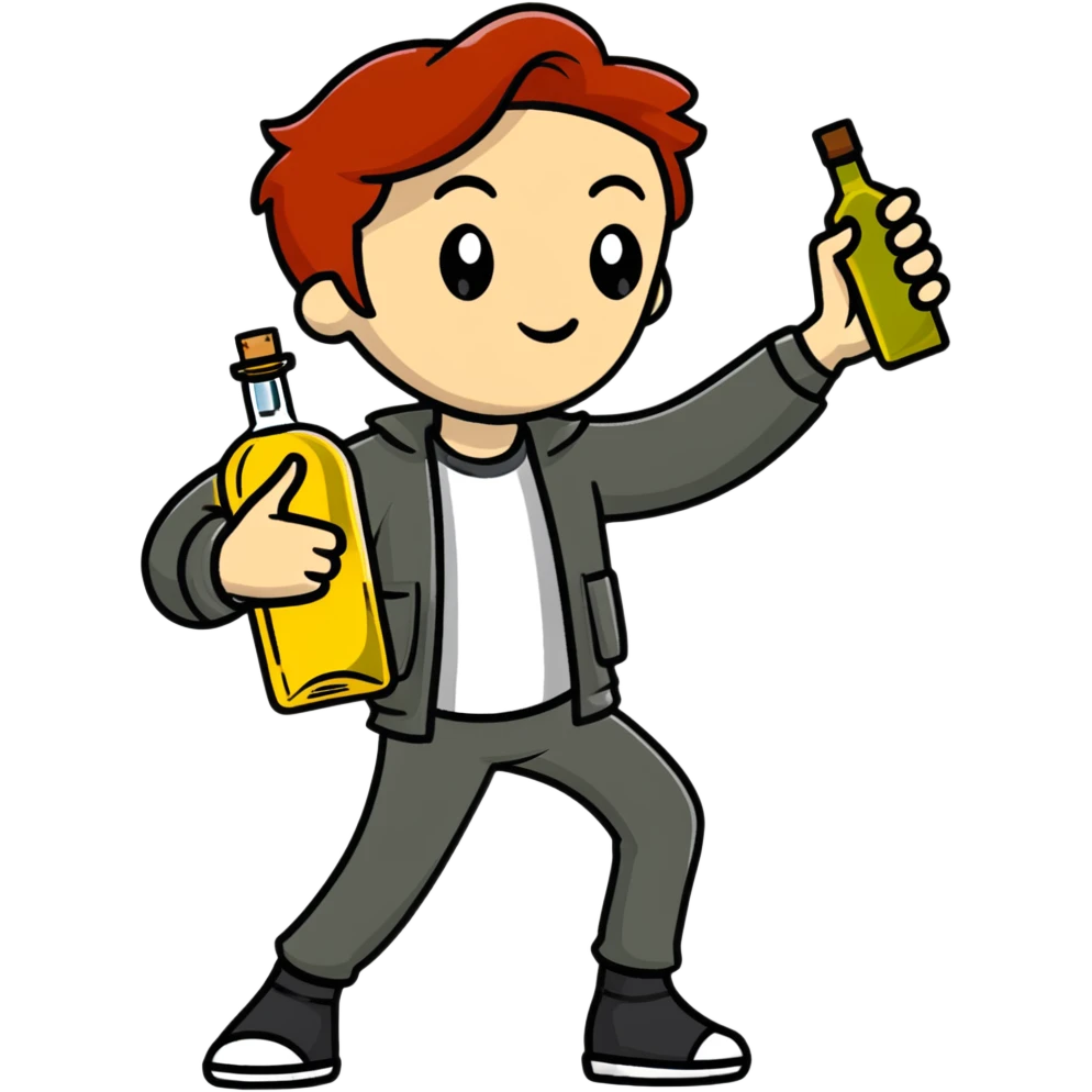 redhead person holding olive oil bottle like a pistol, action pose emoji