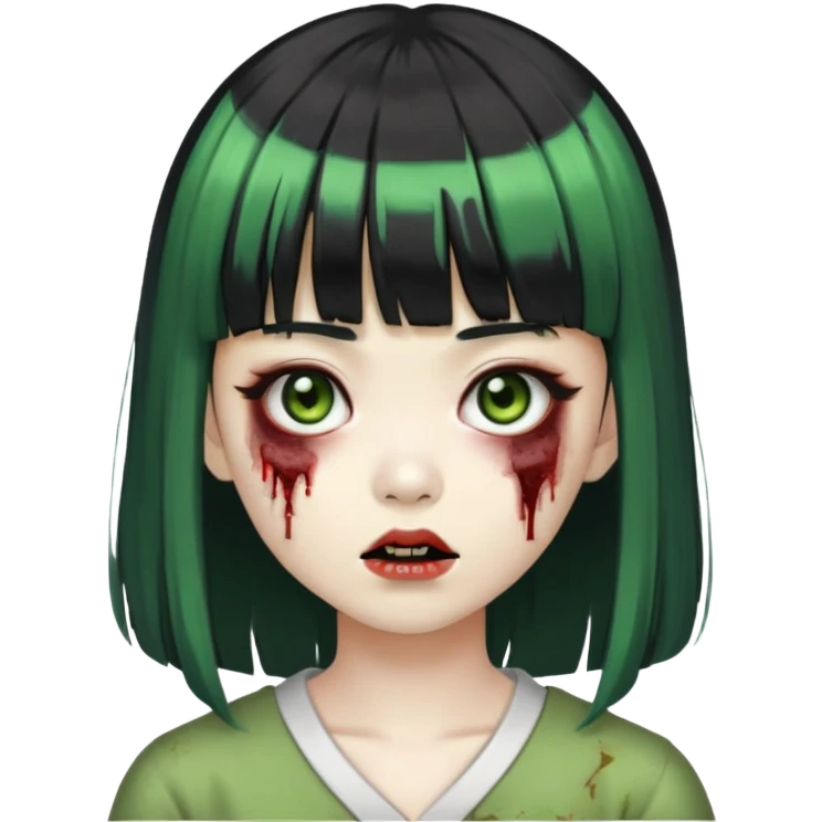 zombie green girl asian with bangs black and long hair black and brown eyes emoji