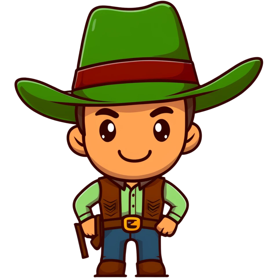 Cowboy wearing a green hat with no star, rugged face with stubble, western style emoji