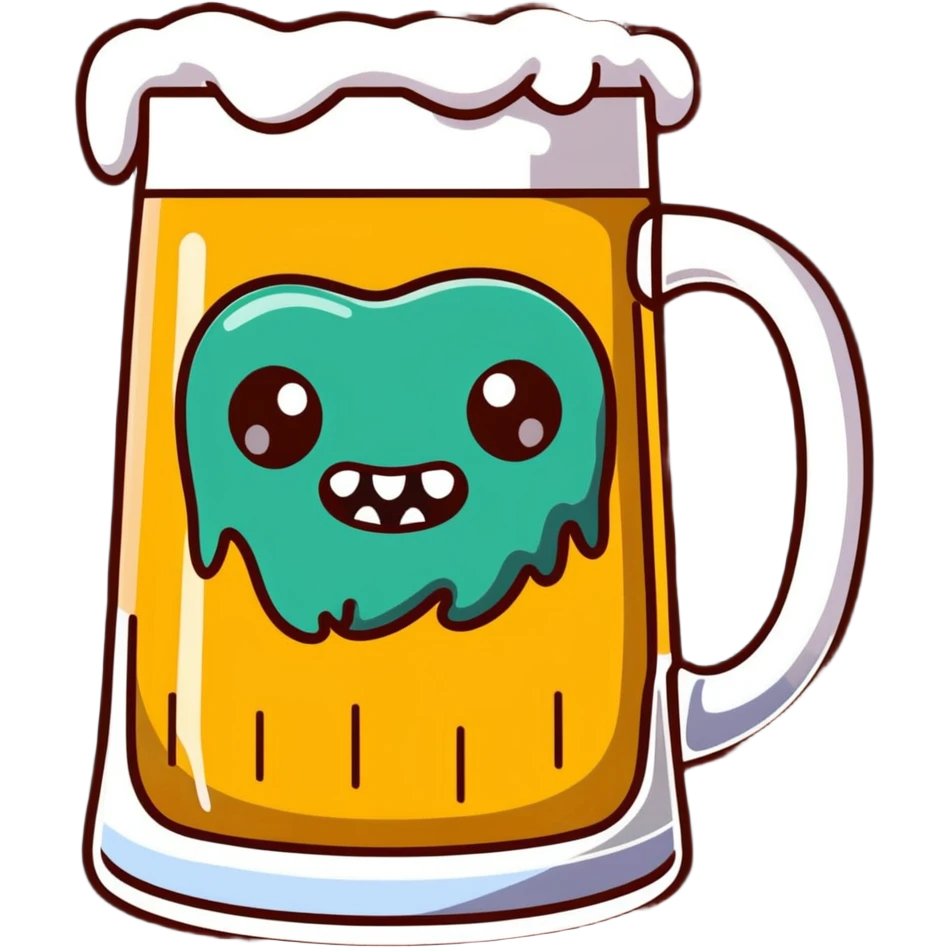 A wobbly beer tankard with monster eyes and sharp teeth like a mimic monster, overflowing with frothy beer emoji