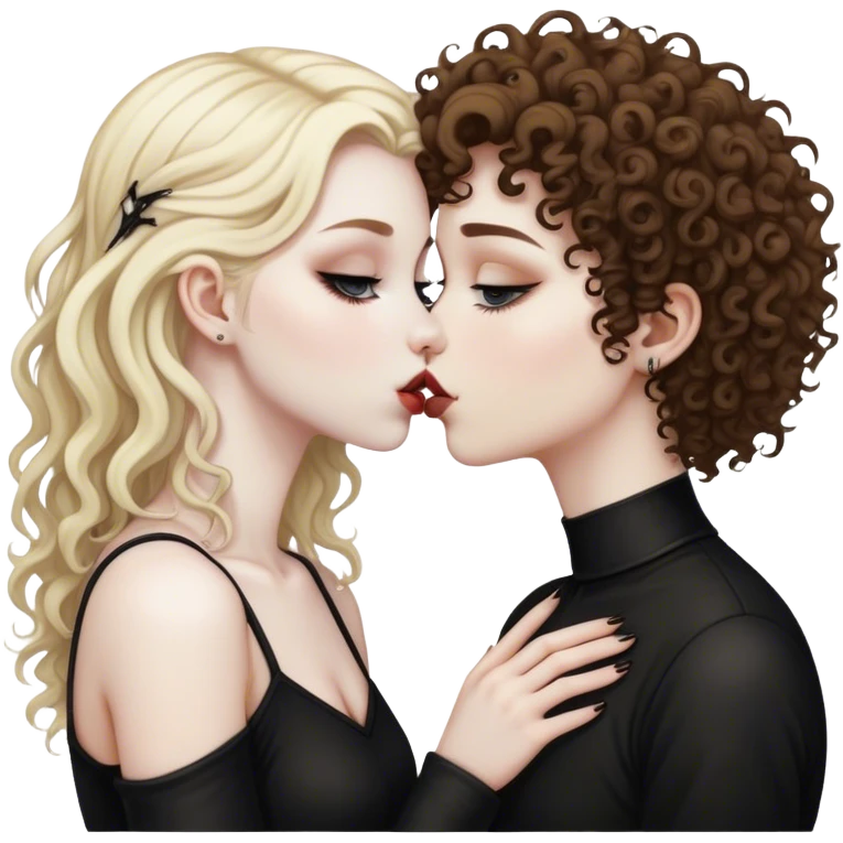 Blonde white goth girl kissing a brown curly haired white emo girl emoji