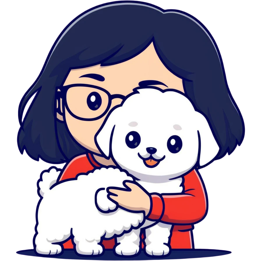 Girl with long black hair and glasses holding a white Bichon Frise dog emoji