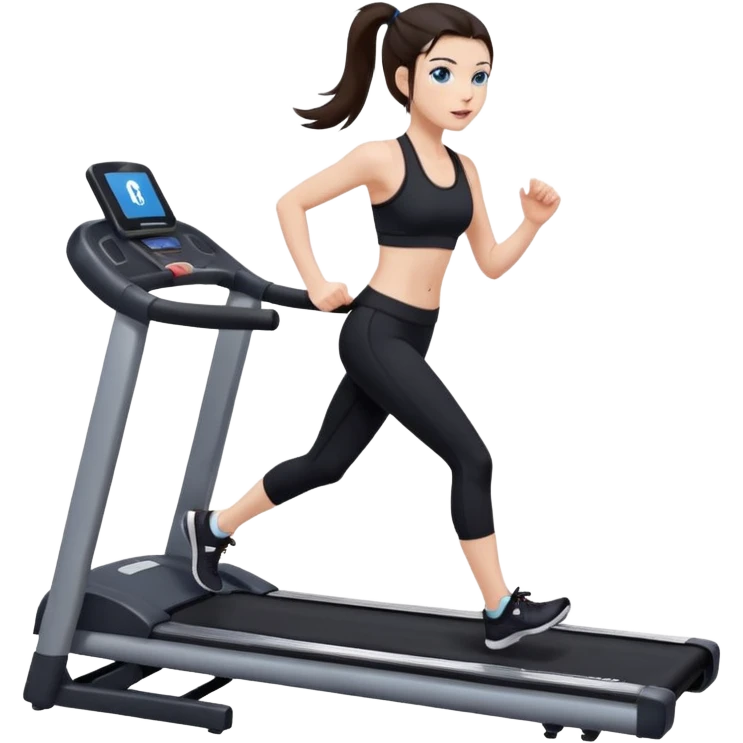 A girl with fair skin and a caring blush. Her eyes are big, expressive, blue. Her hair is long, straight, dark brown. 

 in a ponytail 

running on a treadmill, she is wearing black leggings and a black sports bra emoji