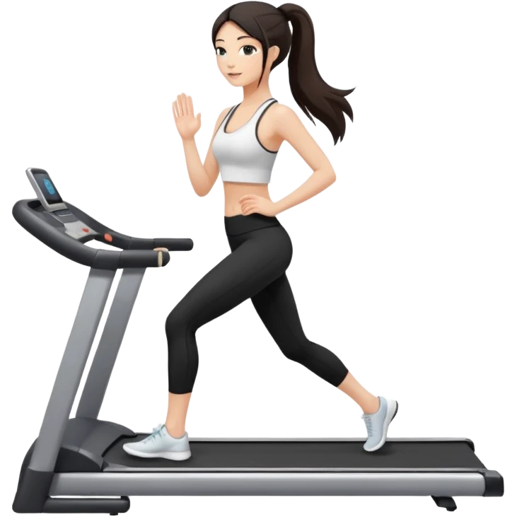 Девушка белокожая на бековой дорожке, с длинными темными волосами, в одежде для йоги - черные лосины, белый короткий топ на тонких лямках, emoji