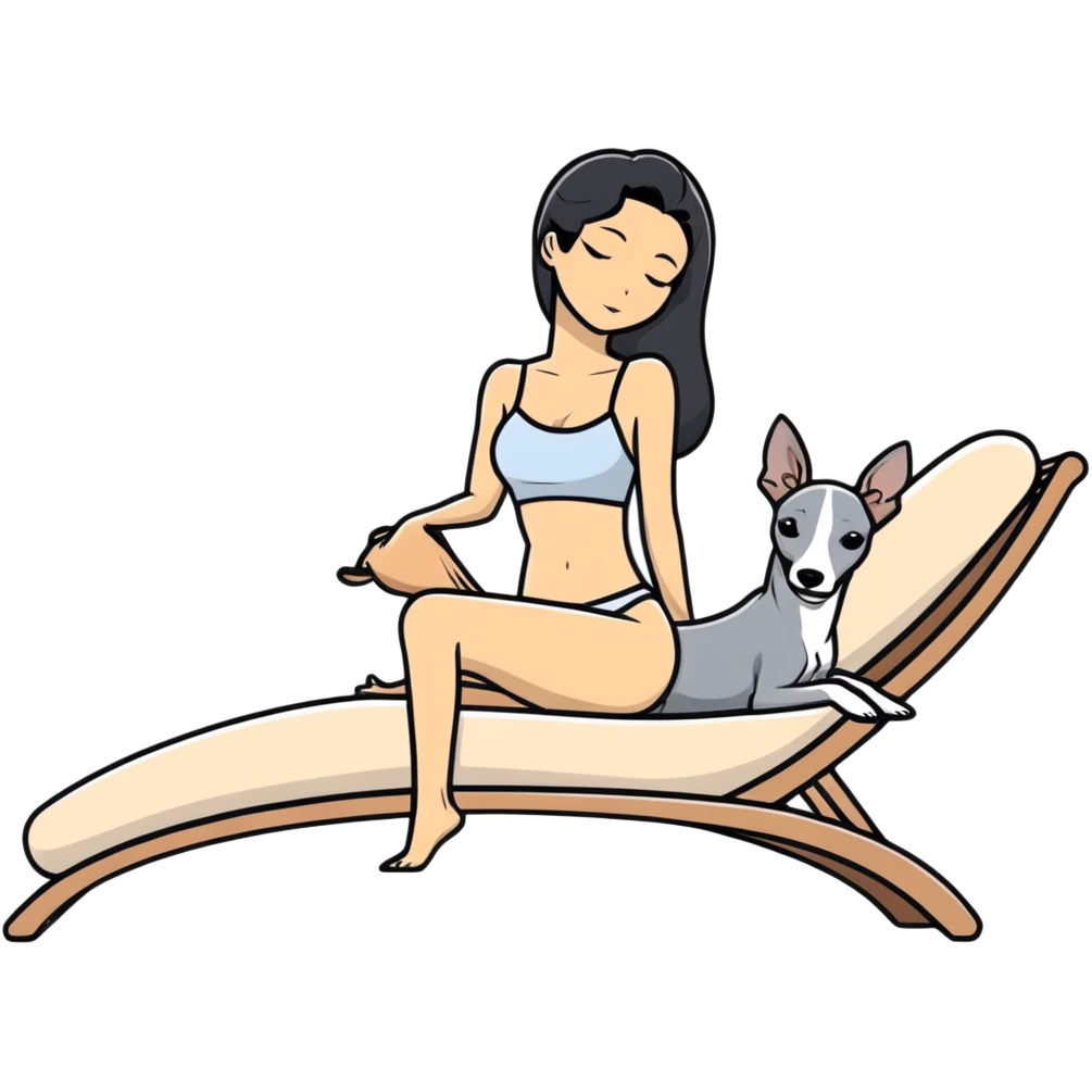 Very thin Chinese woman with long black hair relaxing on a spa lounger with exactly ONE Italian greyhound that is COMPLETELY solid grey - IMPORTANT: the dog must be ENTIRELY ONE UNIFORM GREY COLOR with ABSOLUTELY NO WHITE MARKINGS ANYWHERE - no white on face, no white on chest, no white on paws, nothing but pure grey throughout the entire dog emoji