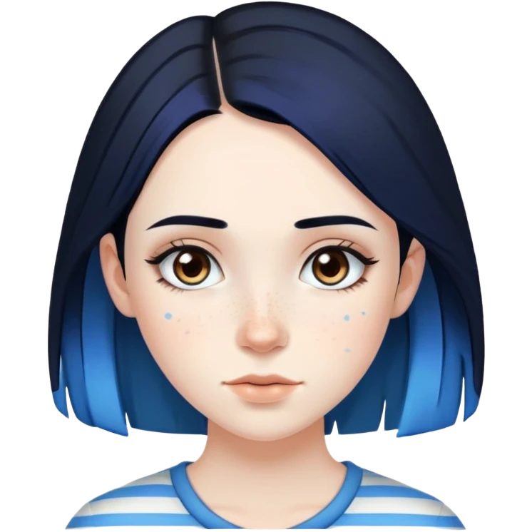 Pale girl with freckles and brown eyes, black hair, with two strips of blue hair emoji