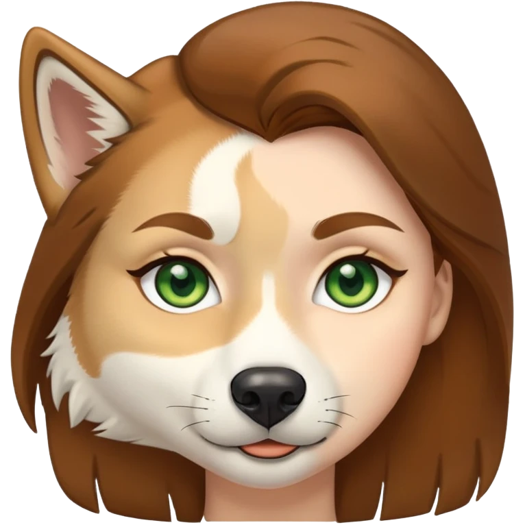 White Woman hair brown and brown eyes and golden Husky With green eyes emoji