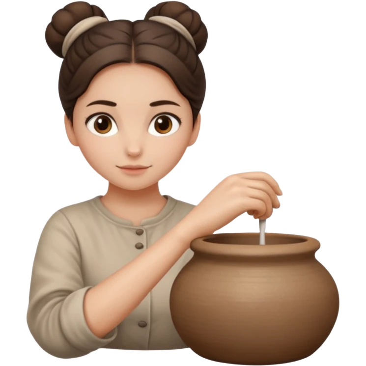 Brunette girl with a bun, behind the potter's wheel, wearing neutral clothing emoji