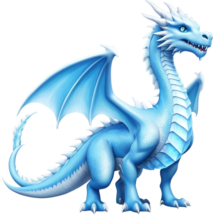 Cinematic Noble wise elegant Ice Dragon full body  Emoji, Poised and imposing, distinct long elegant snout, with a slender, scaled body shimmering in glacial hues of icy blue, frostbitten silver, and crystalline white, breathing out frost, with piercing, glowing ice blue white eyes that radiate the chilling depths of an arctic storm; rendered in detail. excuding wisdom emoji
