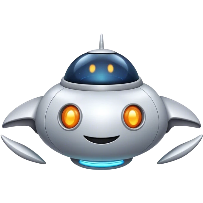 Design a simple, friendly spaceship with a smooth, rounded shape. Add a clear 'face' on the front using glowing lights for eyes and a curved line for a smile, giving it personality. Use a plain background to keep the focus on the ship emoji