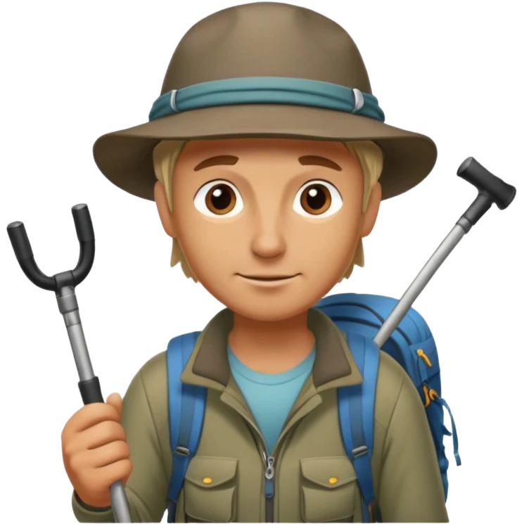 A rugged hiker adjusting hiking poles while preparing for a trek.


 emoji
