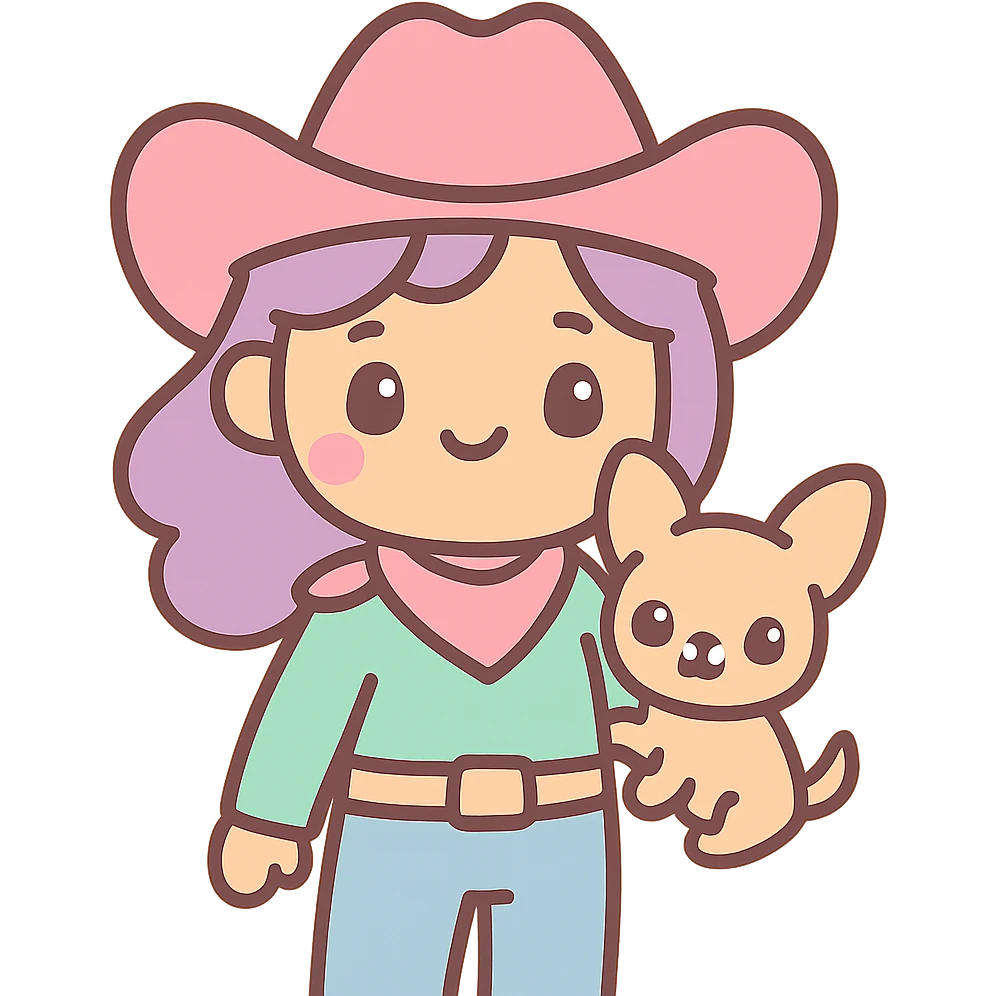 femme cowboy avec son chihuahua, style kawaii, chapeau rose emoji