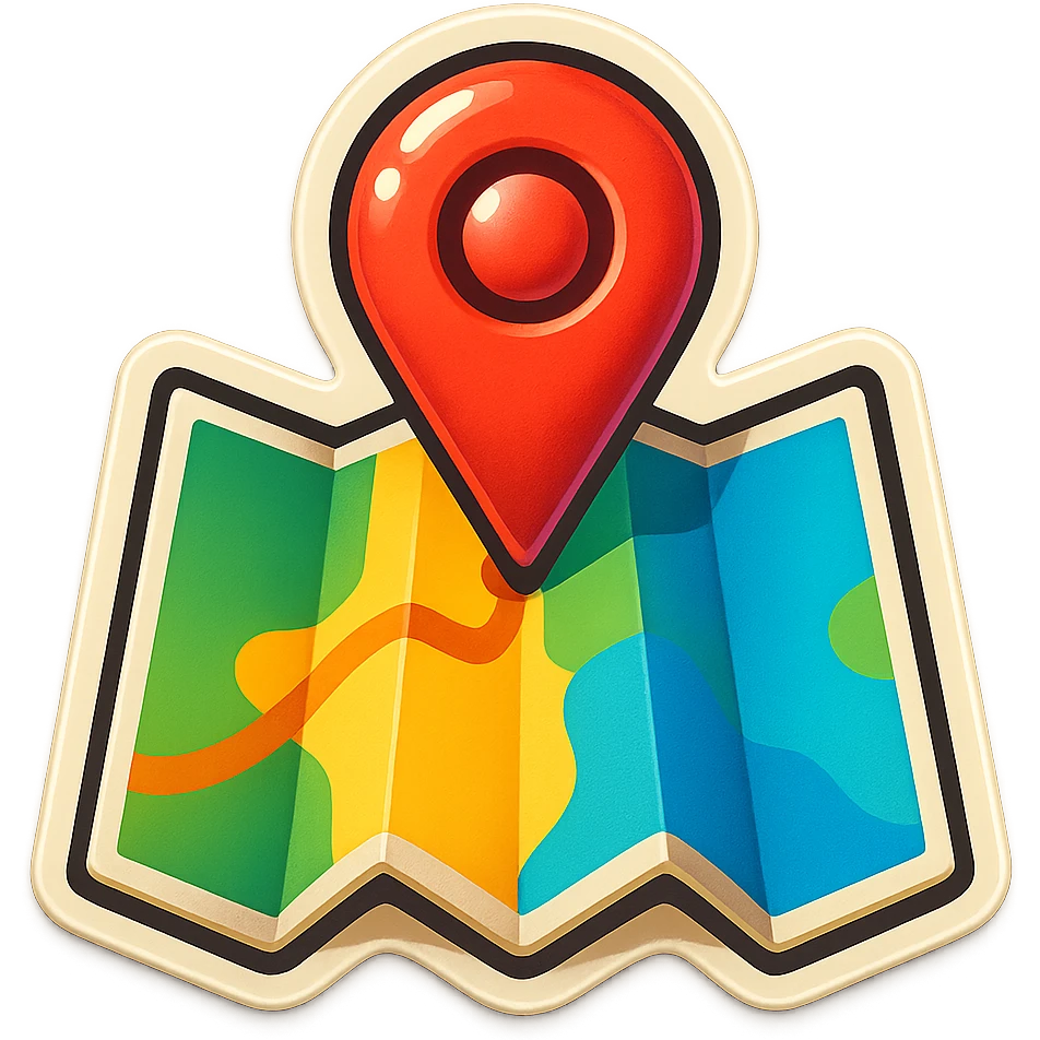 A sticker of a cartoon-style map with a big red location pin emoji