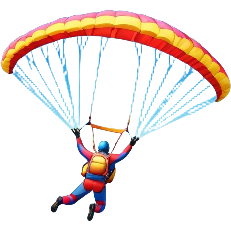 A base jumper soaring through the sky, with a brightly colored parachute open. The backdrop features breathtaking mountain peaks, lush valleys, and a vast blue sky dotted with clouds. The scene captures the thrill and freedom of jumping from great heights into the open air. emoji