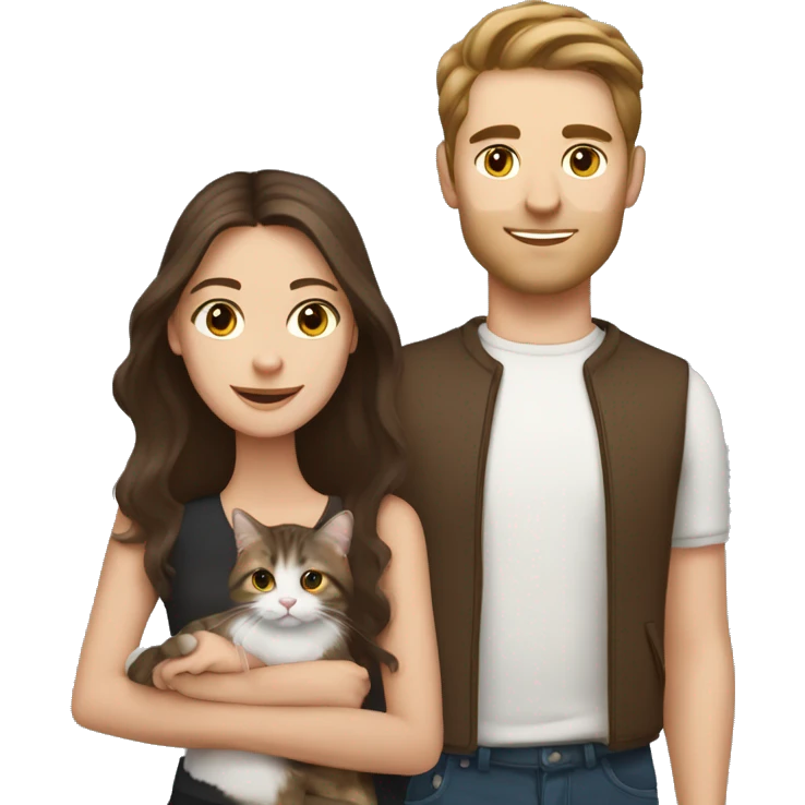 Long Brown hair girl and brunette white brunette man holding tabby cat  emoji