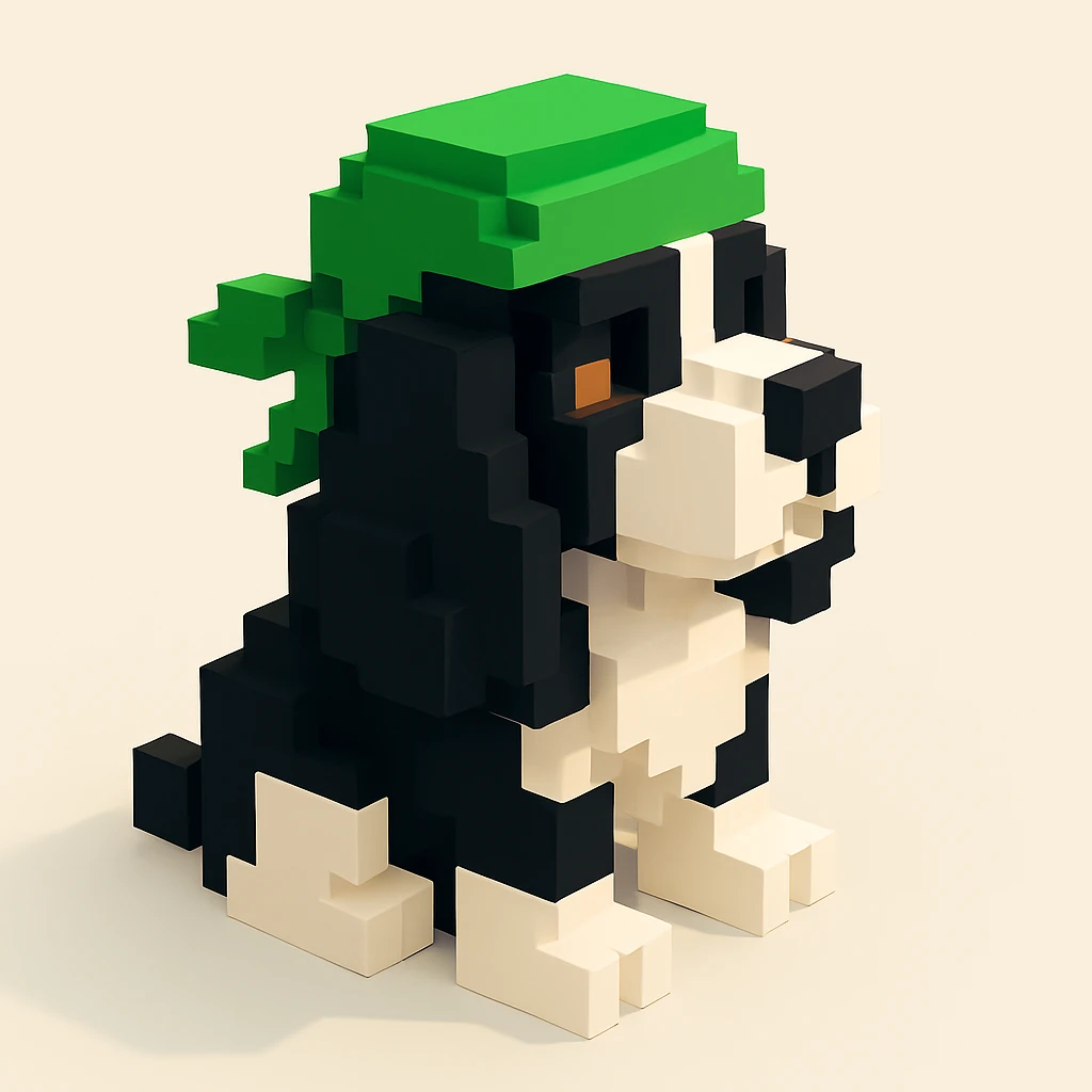 A black and white Russian Cocker Spaniel puppy wearing a green durag, voxel style, sitting, facing right emoji