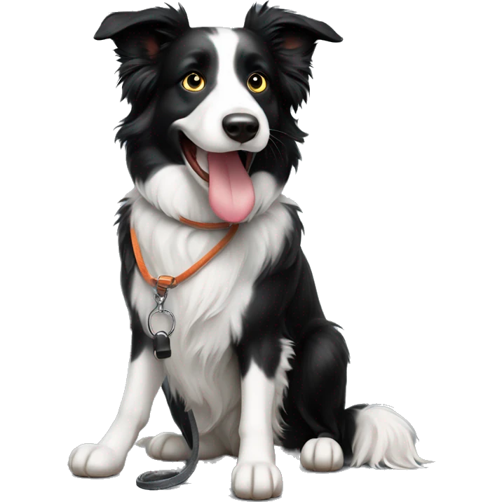 Border collie sitting down on leash from far with tongue out emoji