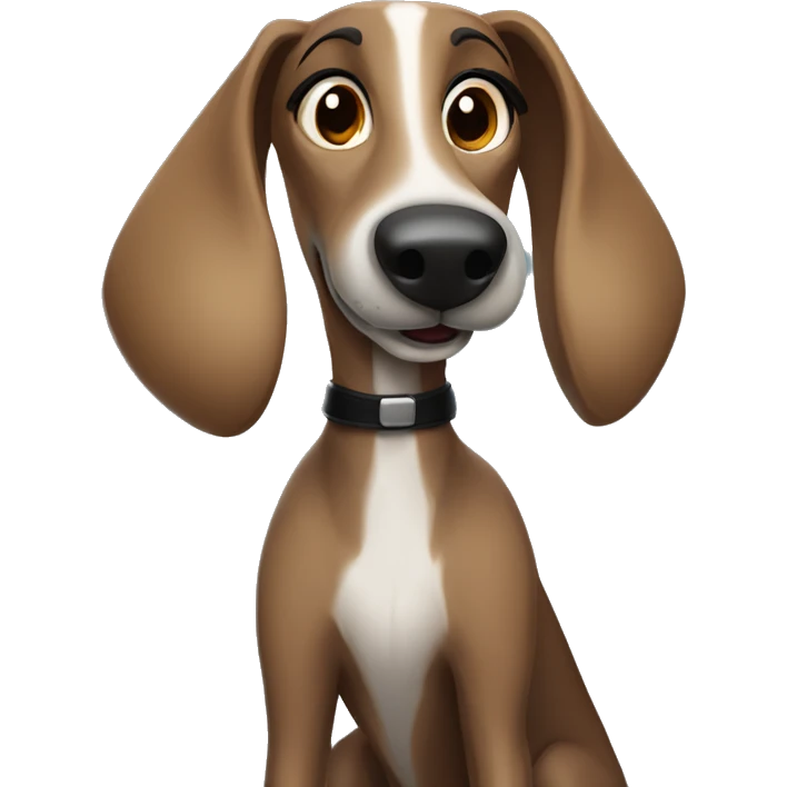 anthro greyhound girl, greyhound snout, brown fur, wagging tail, female body, wear latex black skirt emoji