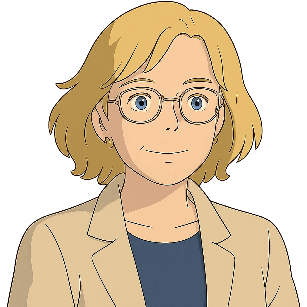 ghibli style blonde 40 year old woman with blue eyes and glasses emoji